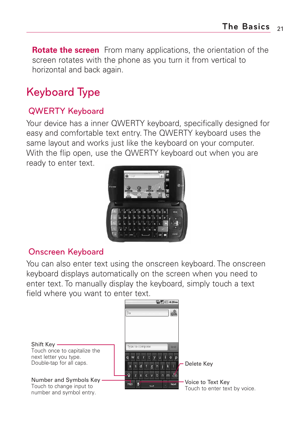 Keyboard type, The basics, Qwerty keyboard | Onscreen keyboard | LG US760 User Manual | Page 23 / 312