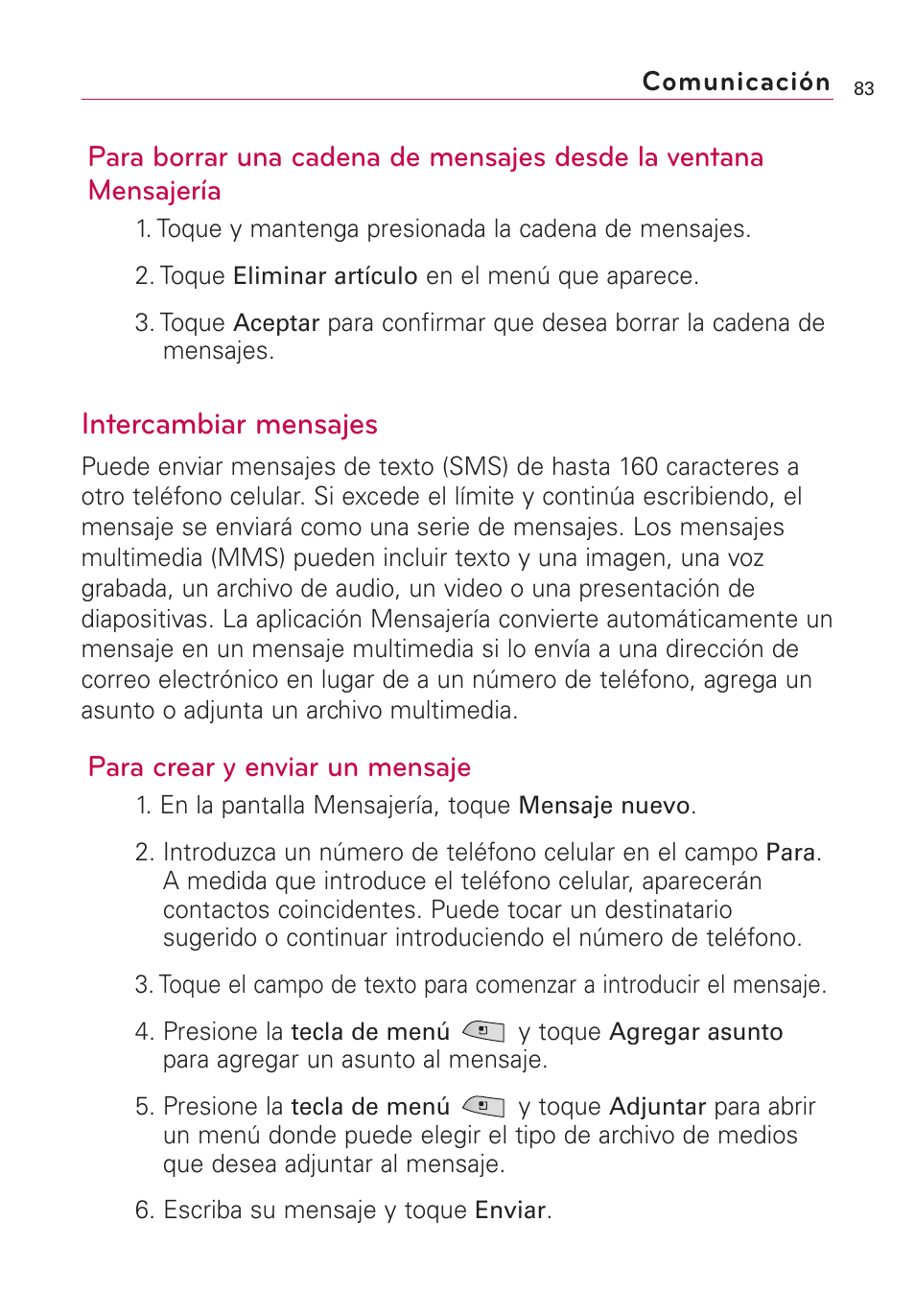 Intercambiar mensajes, Para crear y enviar un mensaje | LG US760 User Manual | Page 230 / 312