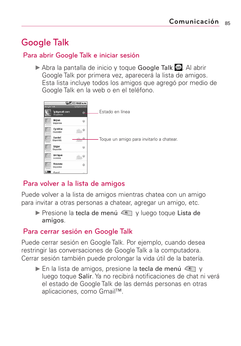 Google talk, Para volver a la lista de amigos, Para cerrar sesión en google talk | Comunicación, Para abrir google talk e iniciar sesión | LG US760 User Manual | Page 232 / 312