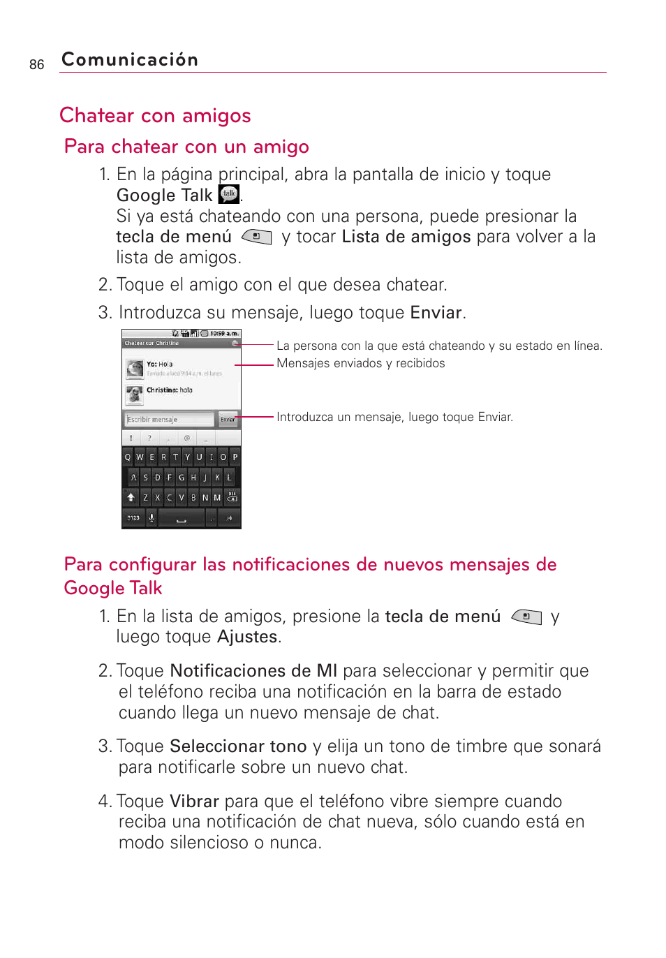 Chatear con amigos, Para chatear con un amigo, Comunicación | LG US760 User Manual | Page 233 / 312