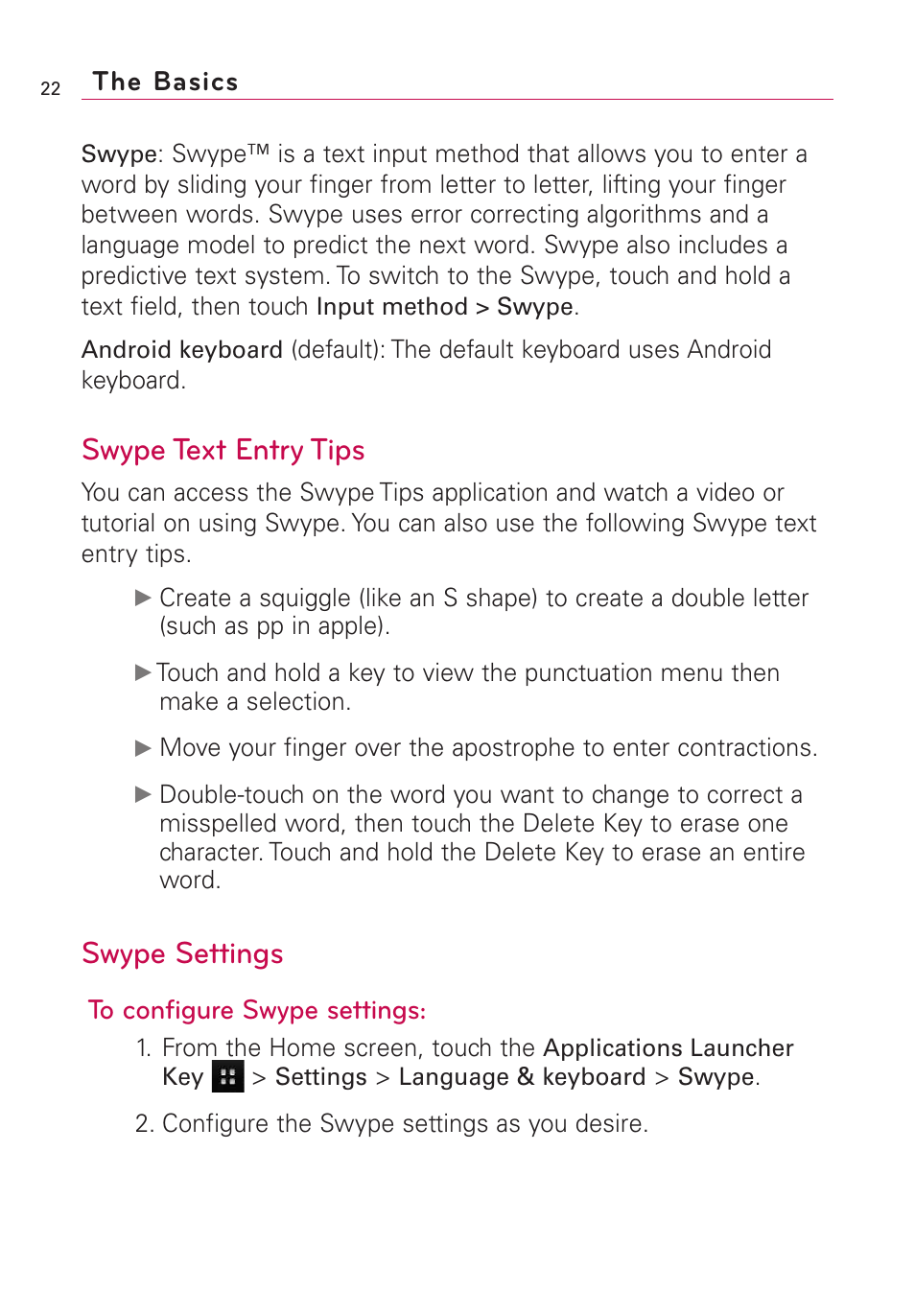 Swype text entry tips, Swype settings, The basics | LG US760 User Manual | Page 24 / 312