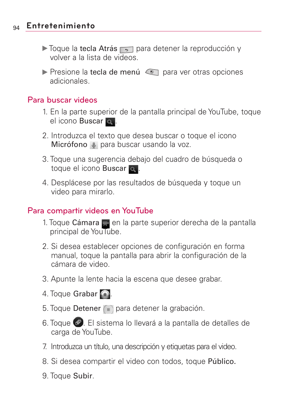 Para buscar videos, Para compartir videos en youtube, Entretenimiento | LG US760 User Manual | Page 241 / 312