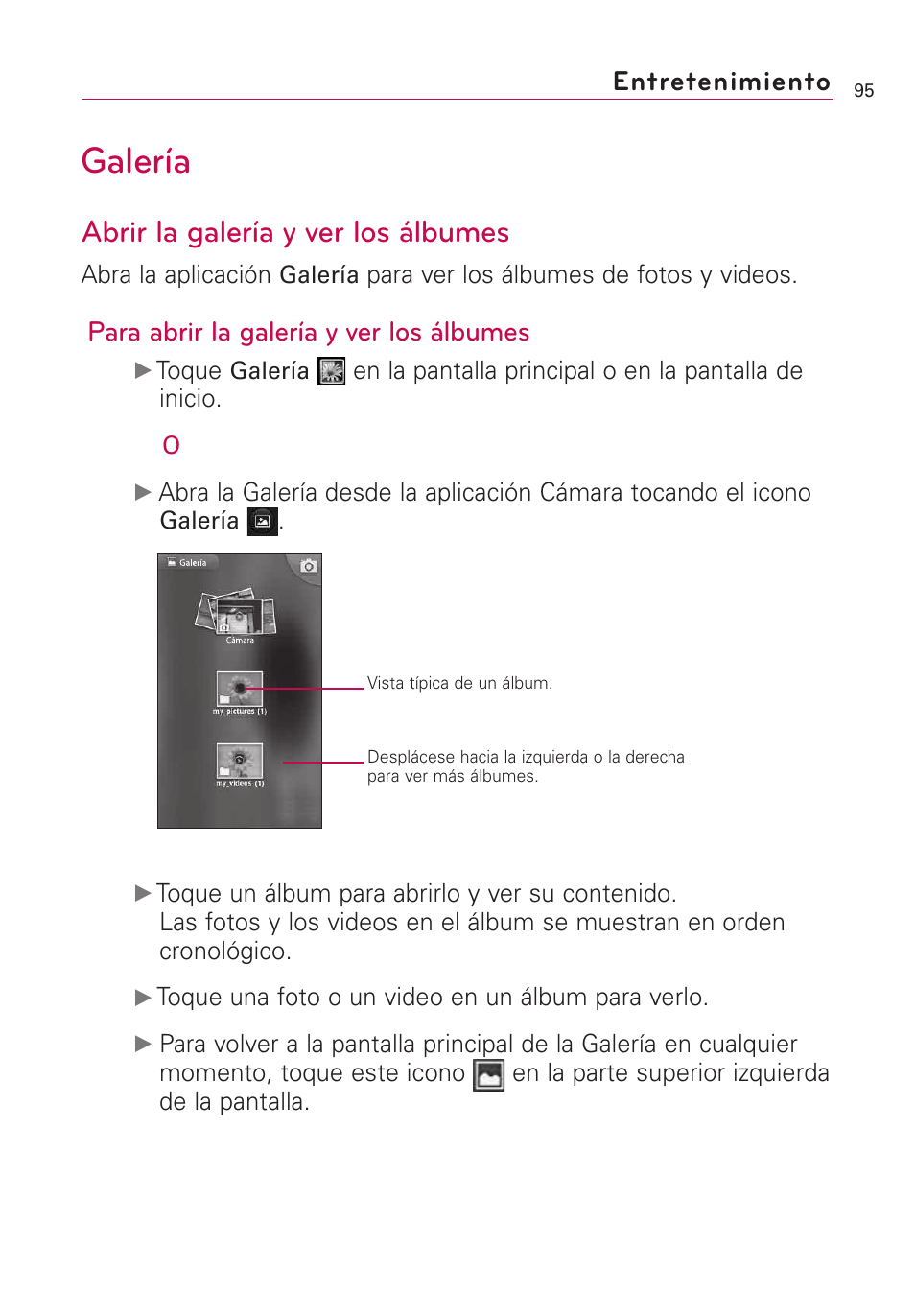 Galería, Abrir la galería y ver los álbumes, Entretenimiento | Para abrir la galería y ver los álbumes | LG US760 User Manual | Page 242 / 312