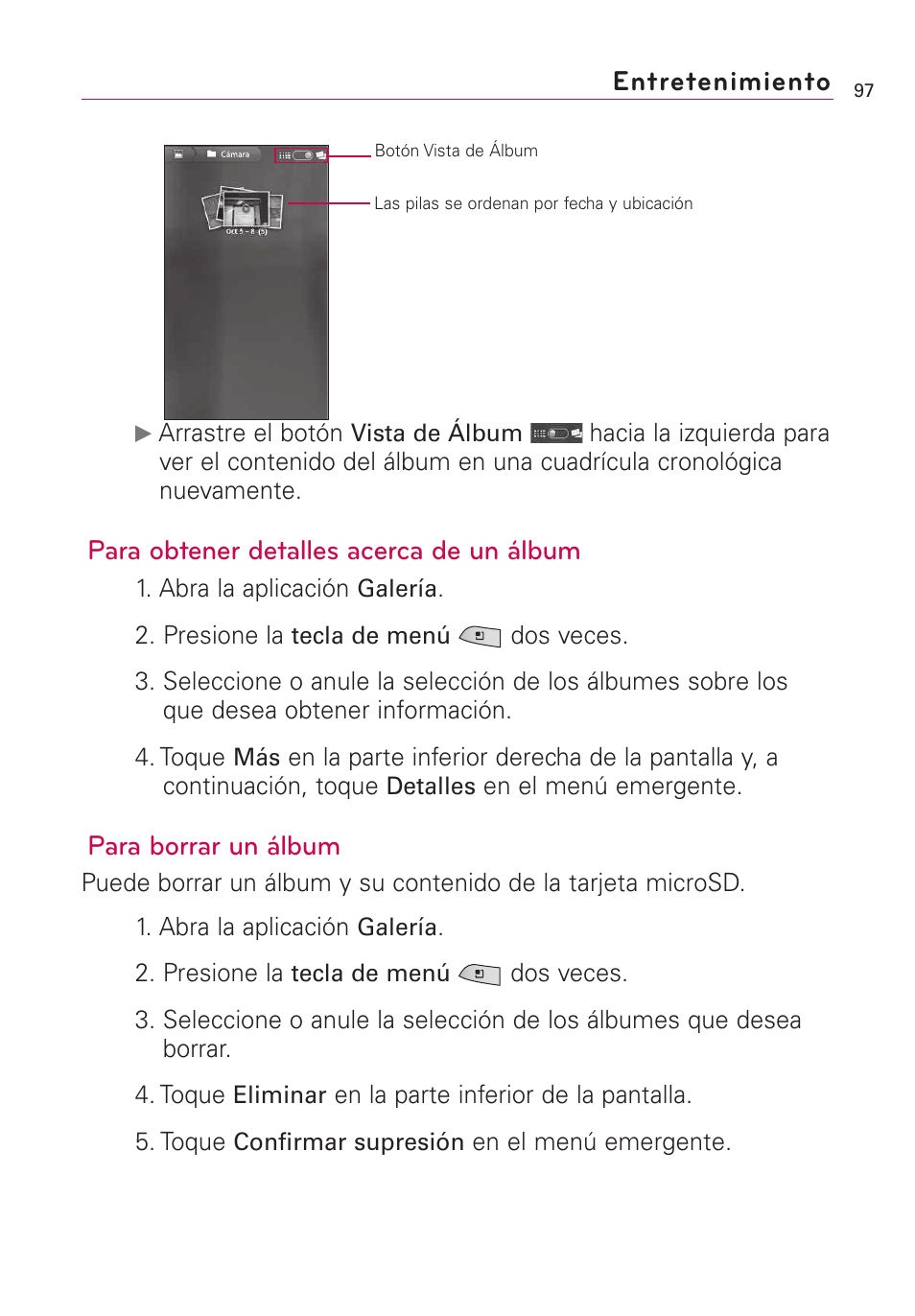 Entretenimiento, Para obtener detalles acerca de un álbum, Para borrar un álbum | LG US760 User Manual | Page 244 / 312