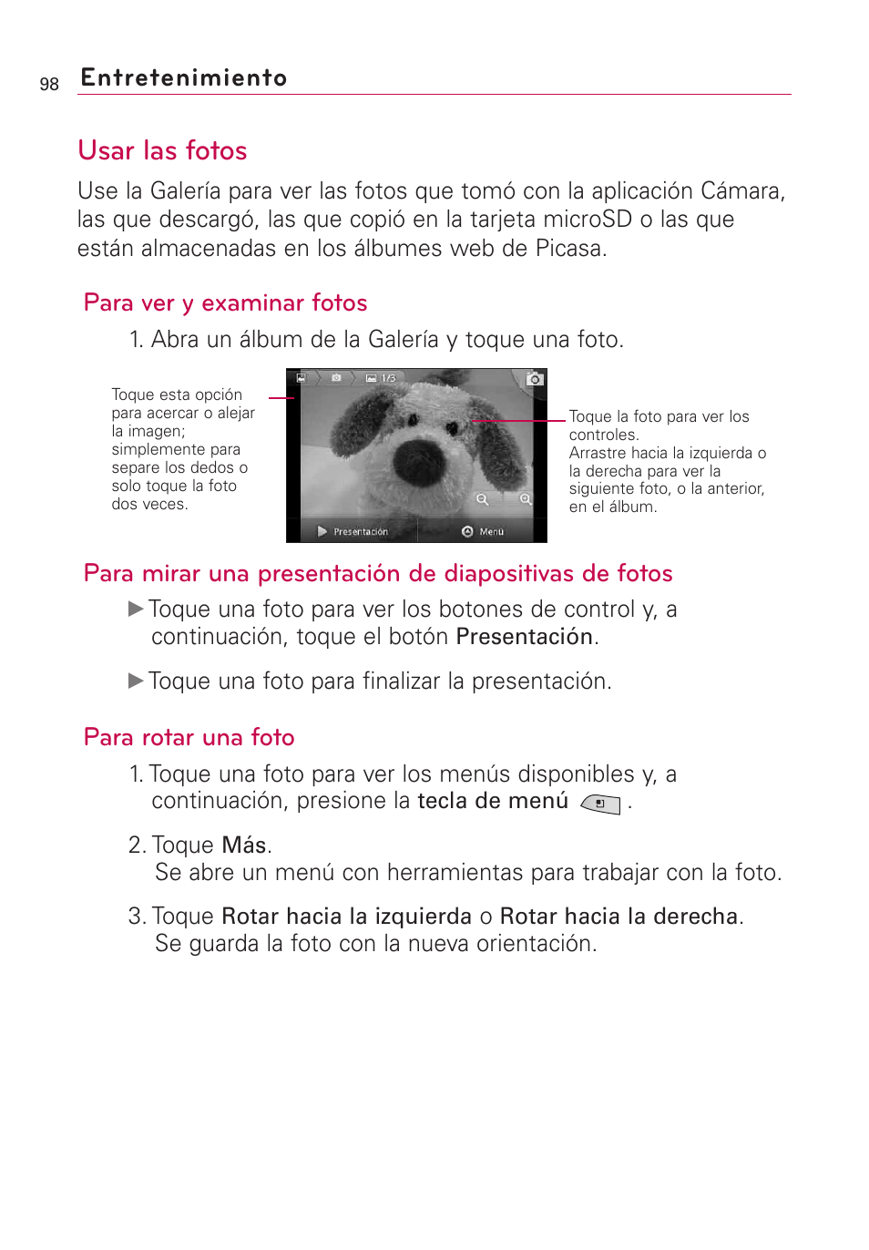 Usar las fotos, Para ver y examinar fotos, Para rotar una foto | Entretenimiento | LG US760 User Manual | Page 245 / 312