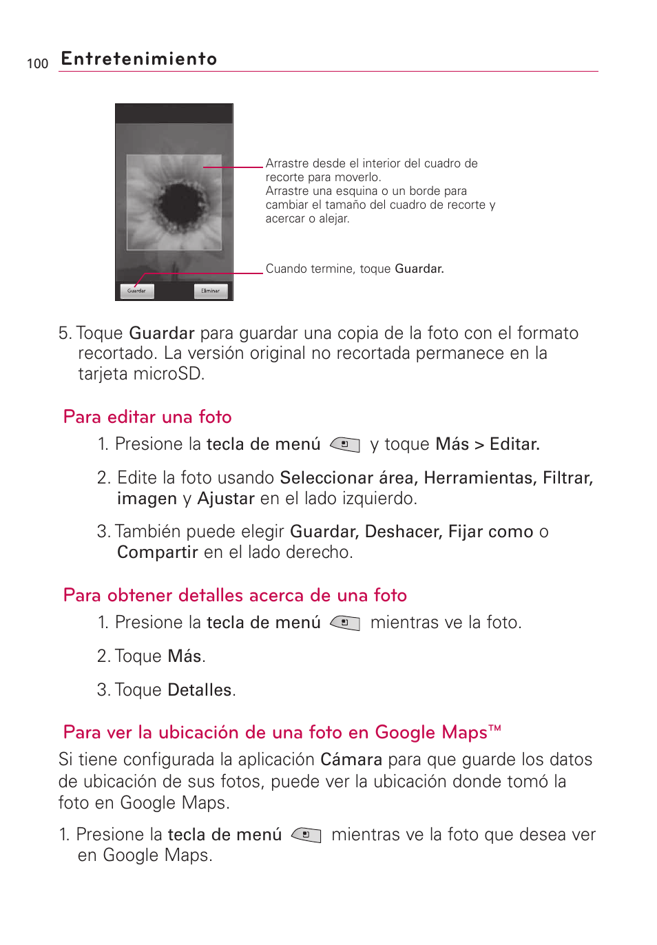 Para editar una foto, Para obtener detalles acerca de una foto, Para ver la ubicación de una foto en google maps | Entretenimiento | LG US760 User Manual | Page 247 / 312