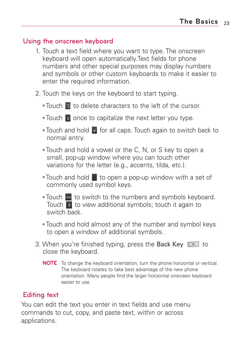 The basics using the onscreen keyboard, Editing text | LG US760 User Manual | Page 25 / 312