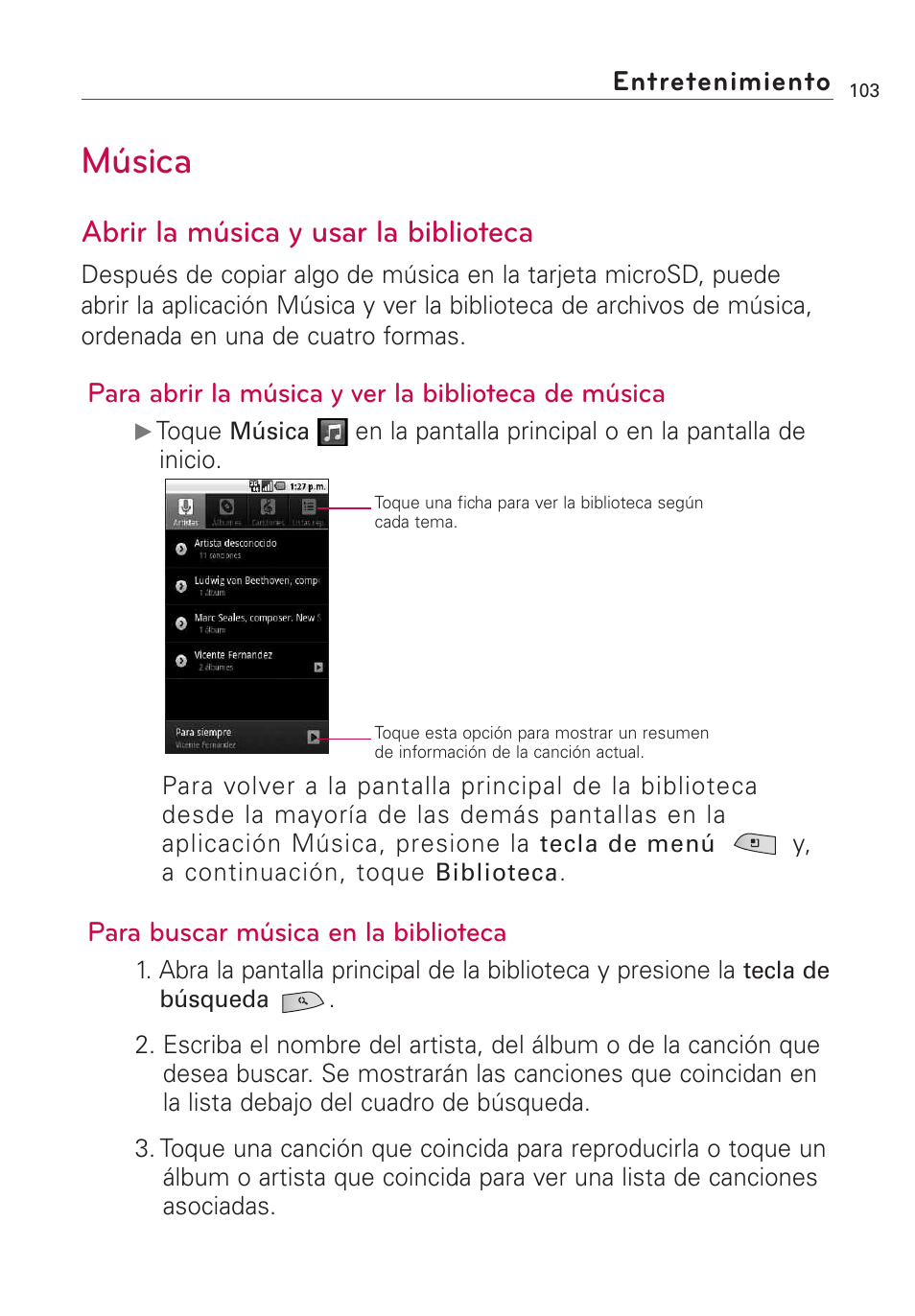 Música, Abrir la música y usar la biblioteca | LG US760 User Manual | Page 250 / 312