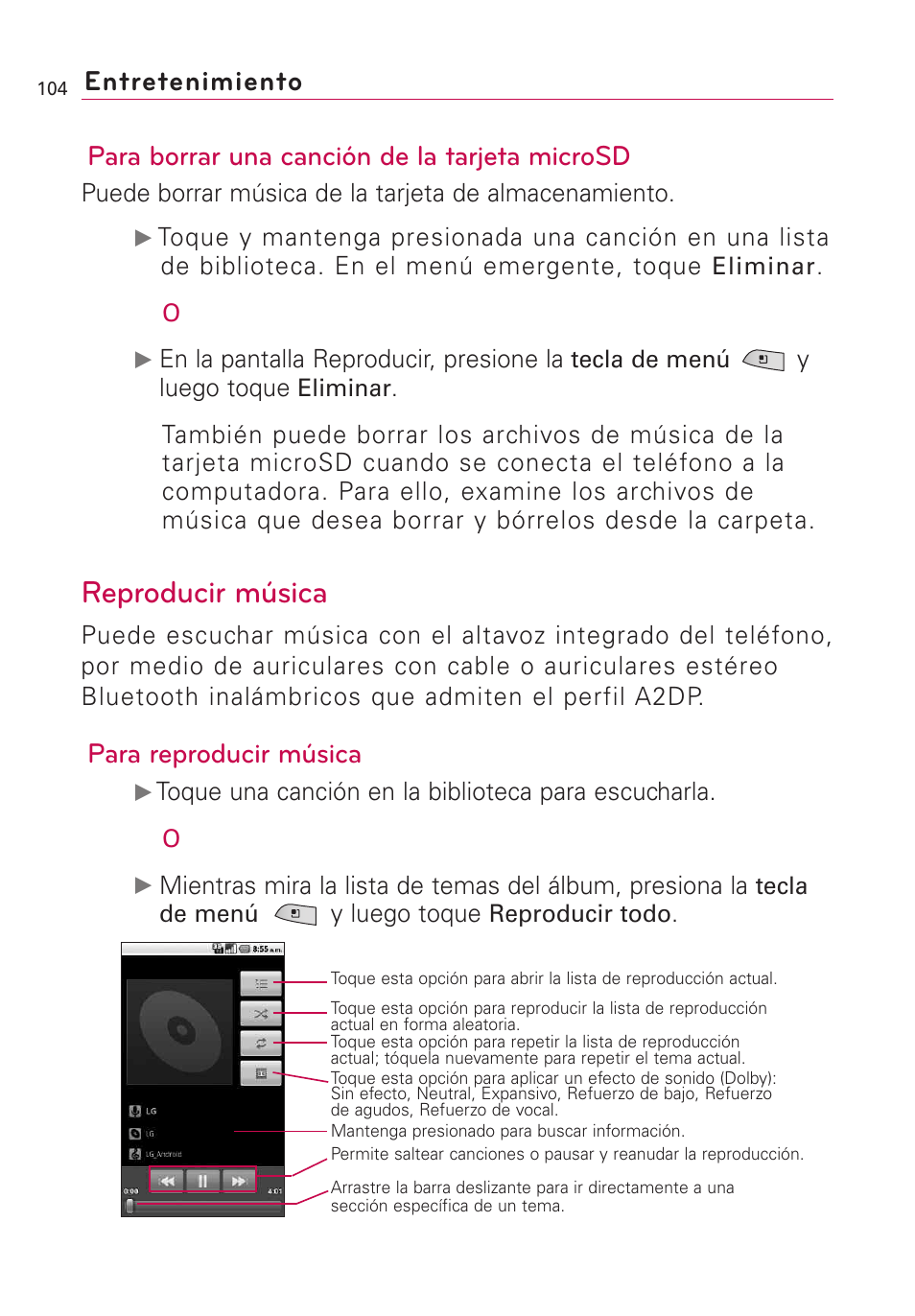 Reproducir música, Para borrar una canción de la tarjeta microsd, Para reproducir música | Entretenimiento | LG US760 User Manual | Page 251 / 312