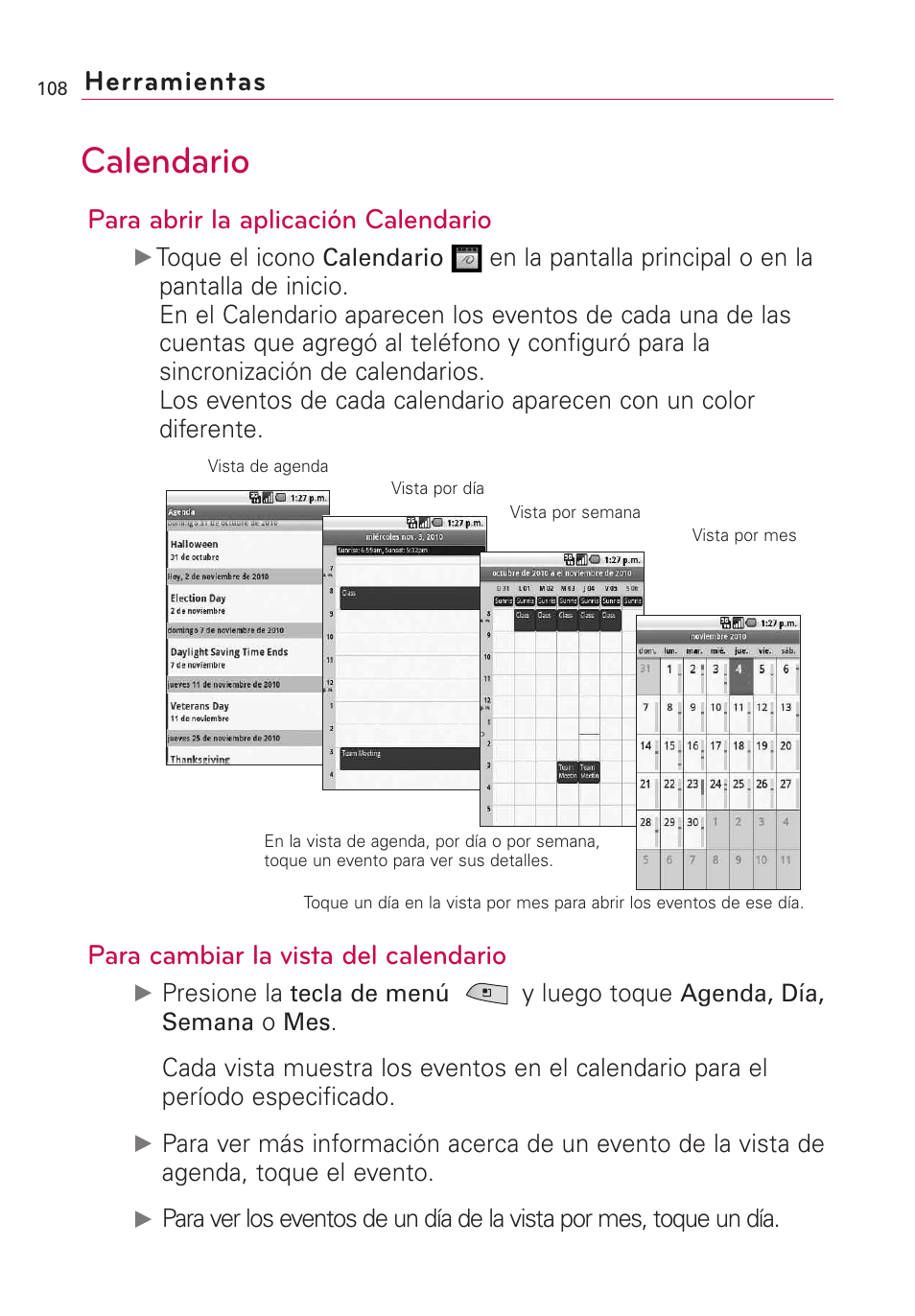 Herramientas, Calendario, Para abrir la aplicación calendario | Para cambiar la vista del calendario | LG US760 User Manual | Page 255 / 312