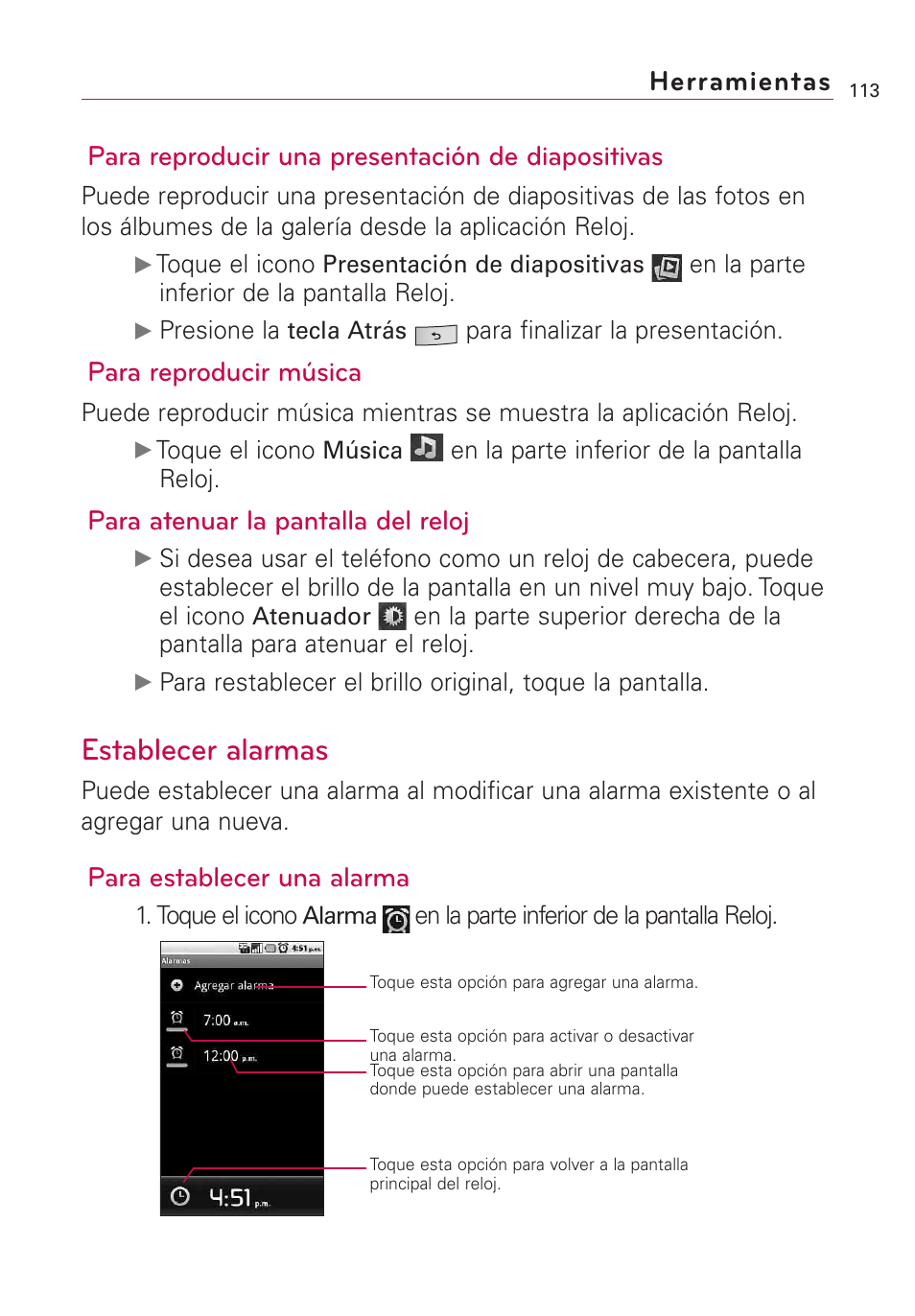 Establecer alarmas, Para reproducir música, Para atenuar la pantalla del reloj | Para establecer una alarma | LG US760 User Manual | Page 260 / 312