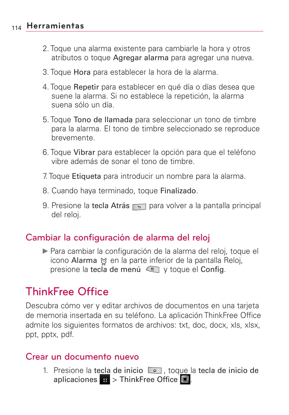 Thinkfree office, Cambiar la configuración de alarma del reloj, Crear un documento nuevo | LG US760 User Manual | Page 261 / 312