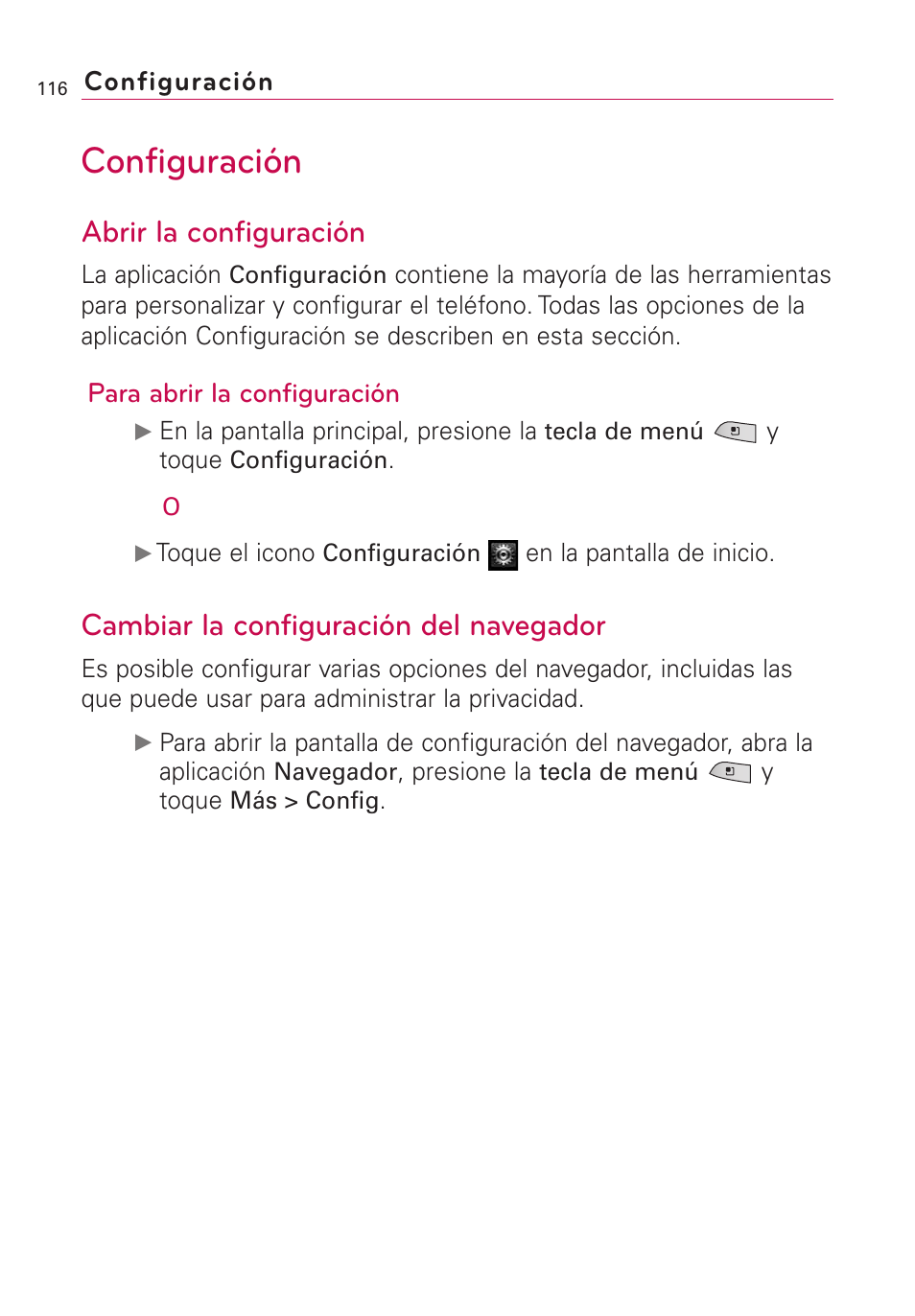 Configuraci, Configuración, Abrir la configuración | Cambiar la configuración del navegador | LG US760 User Manual | Page 263 / 312