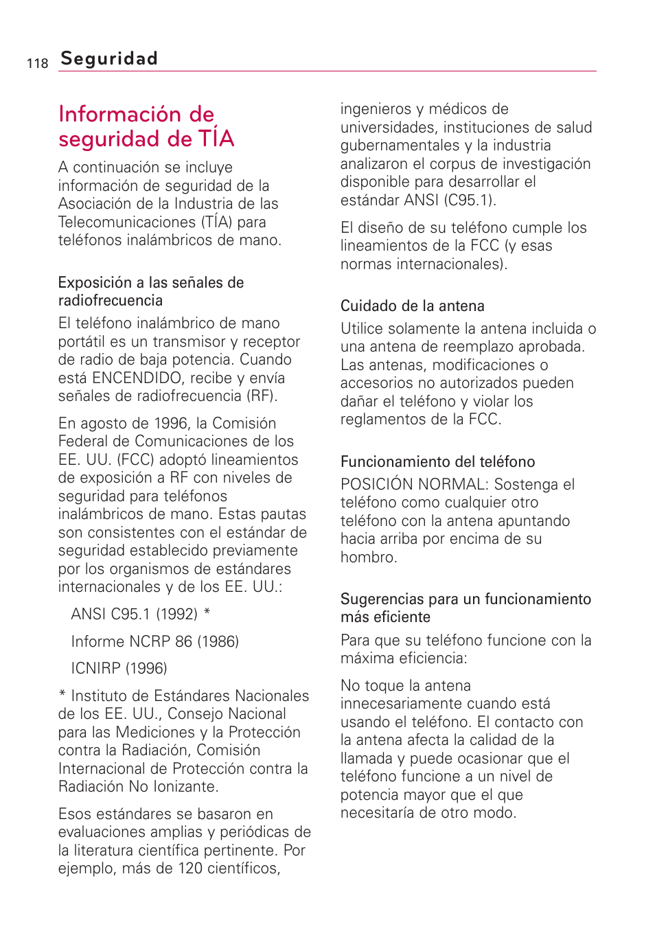 Seguridad, Información de seguridad de tía | LG US760 User Manual | Page 265 / 312