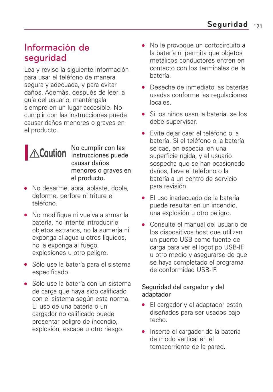 Caution, Información de seguridad, Seguridad | LG US760 User Manual | Page 268 / 312