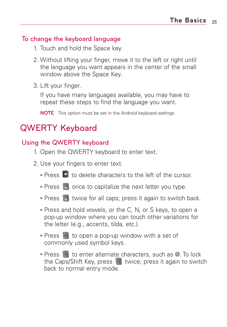 Qwerty keyboard, The basics to change the keyboard language, Using the qwerty keyboard | LG US760 User Manual | Page 27 / 312