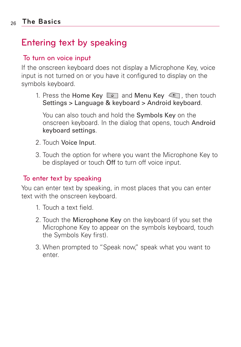 Entering text by speaking | LG US760 User Manual | Page 28 / 312