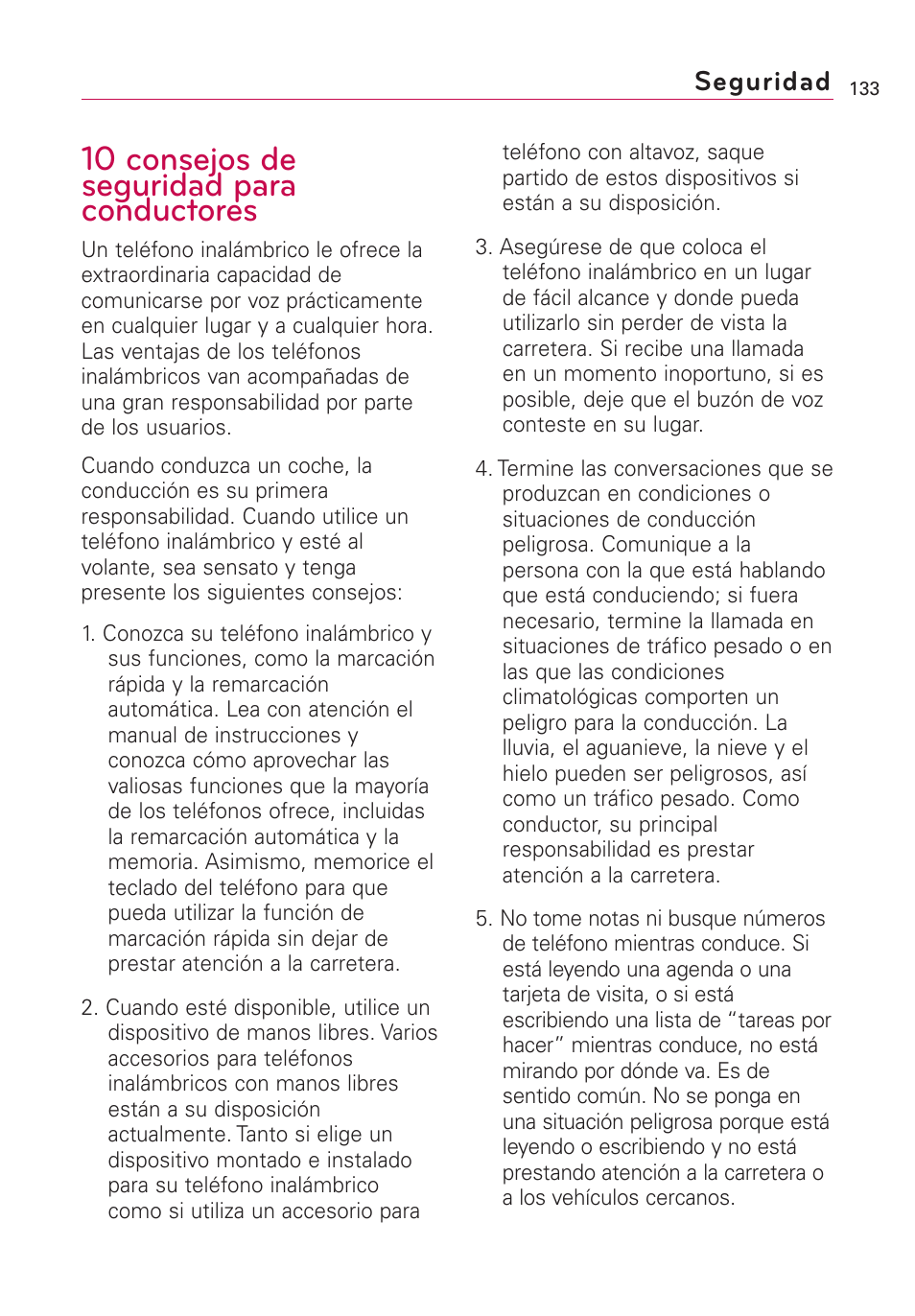 10 consejos de seguridad para conductores, Seguridad | LG US760 User Manual | Page 280 / 312