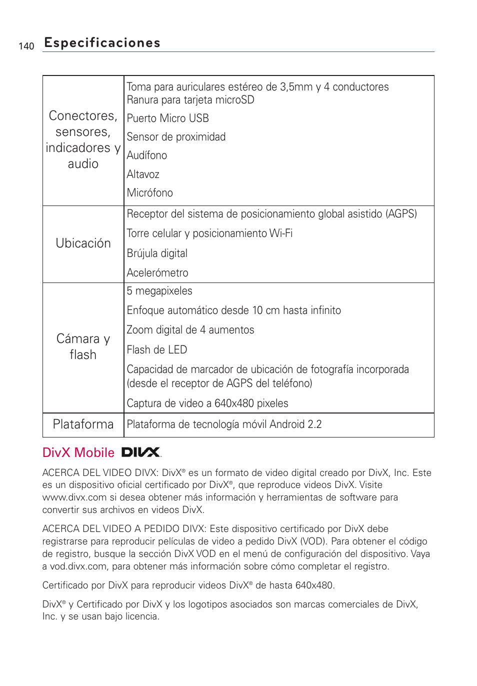 Especificaciones, Divx mobile, Conectores, sensores, indicadores y audio | Ubicación, Cámara y flash, Plataforma | LG US760 User Manual | Page 287 / 312