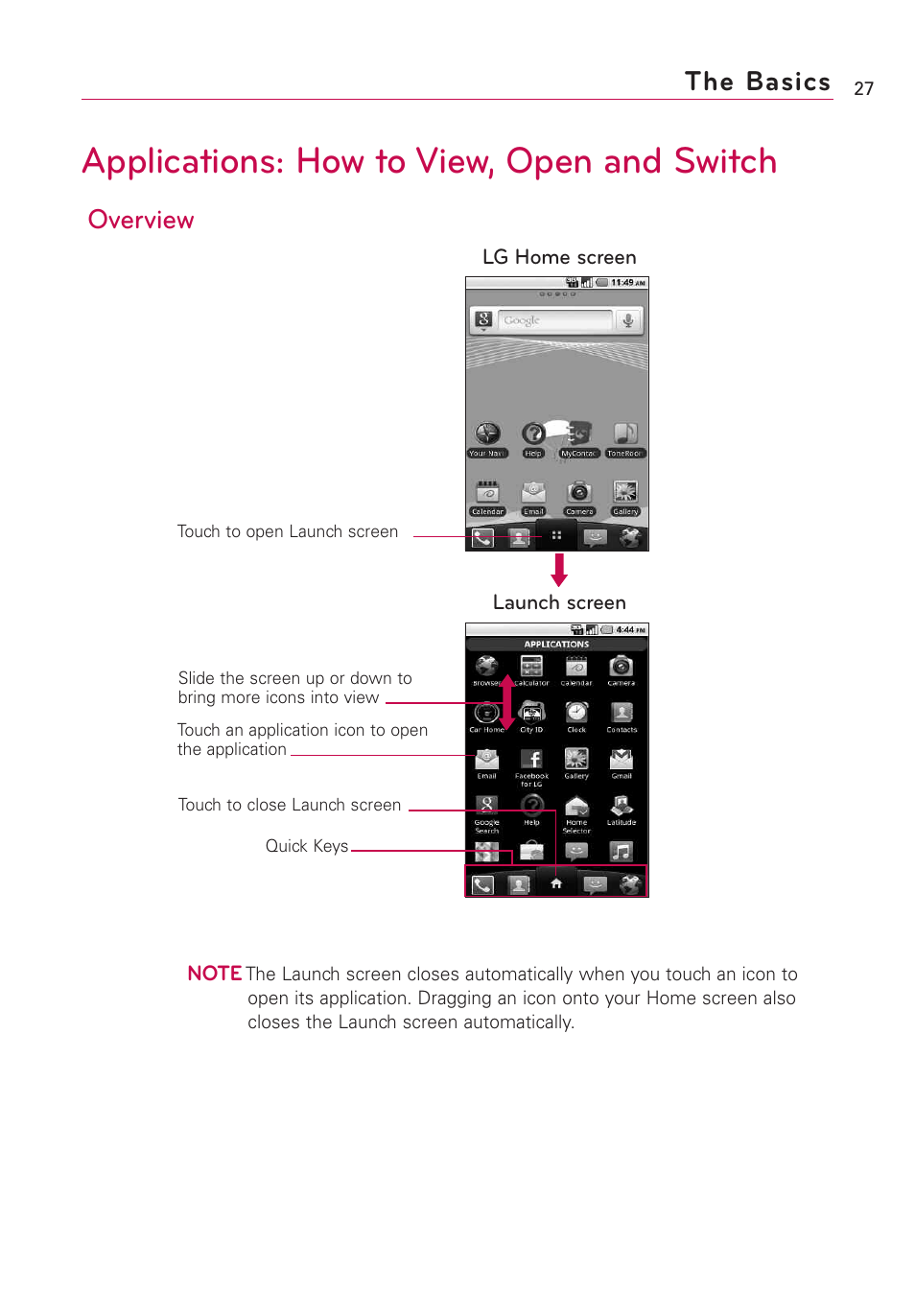 Applications: how to view, open and switch, The basics, Overview | LG US760 User Manual | Page 29 / 312