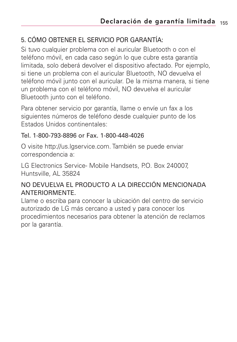 Declaración de garantía limitada | LG US760 User Manual | Page 302 / 312