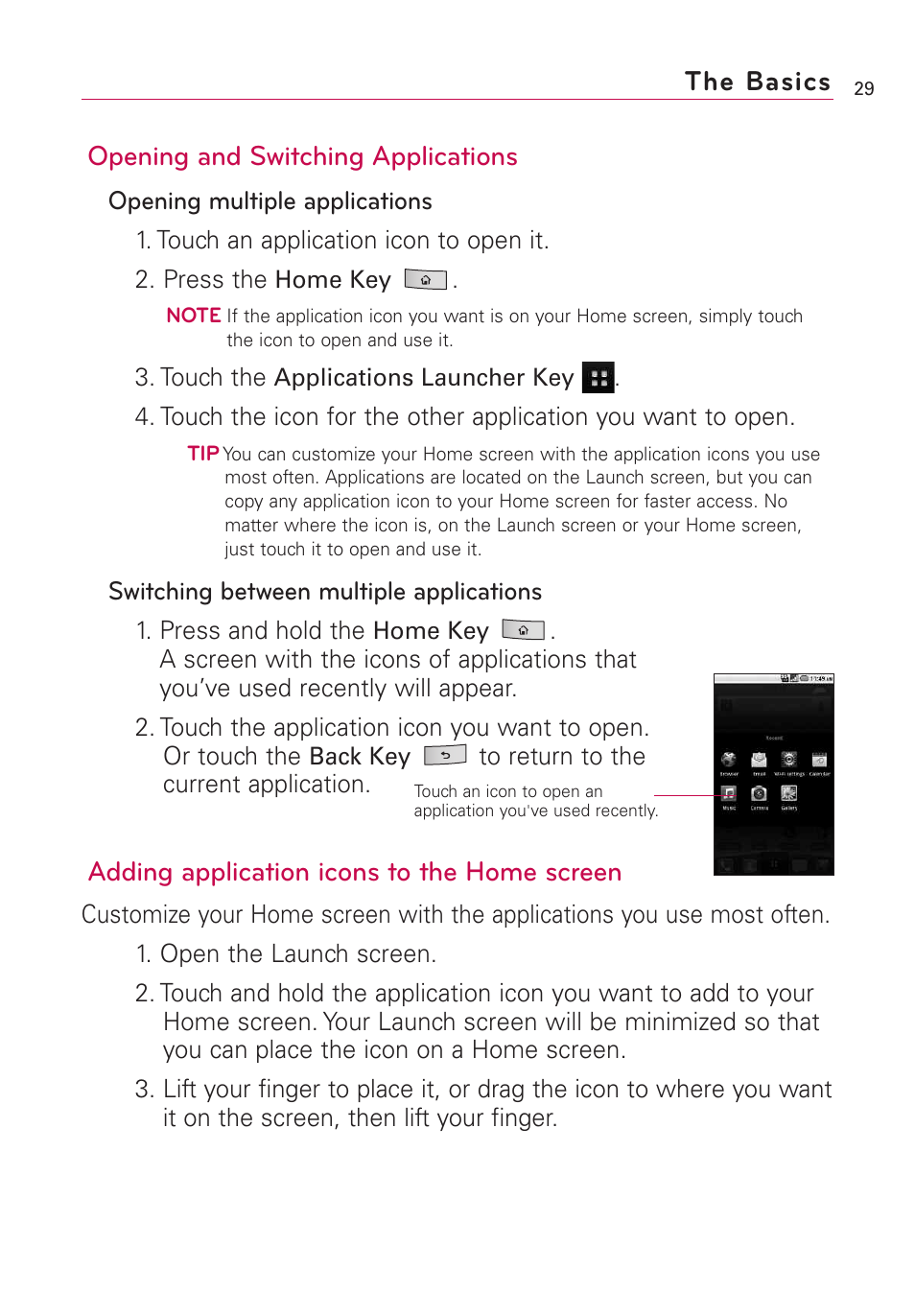 The basics opening and switching applications, Adding application icons to the home screen | LG US760 User Manual | Page 31 / 312