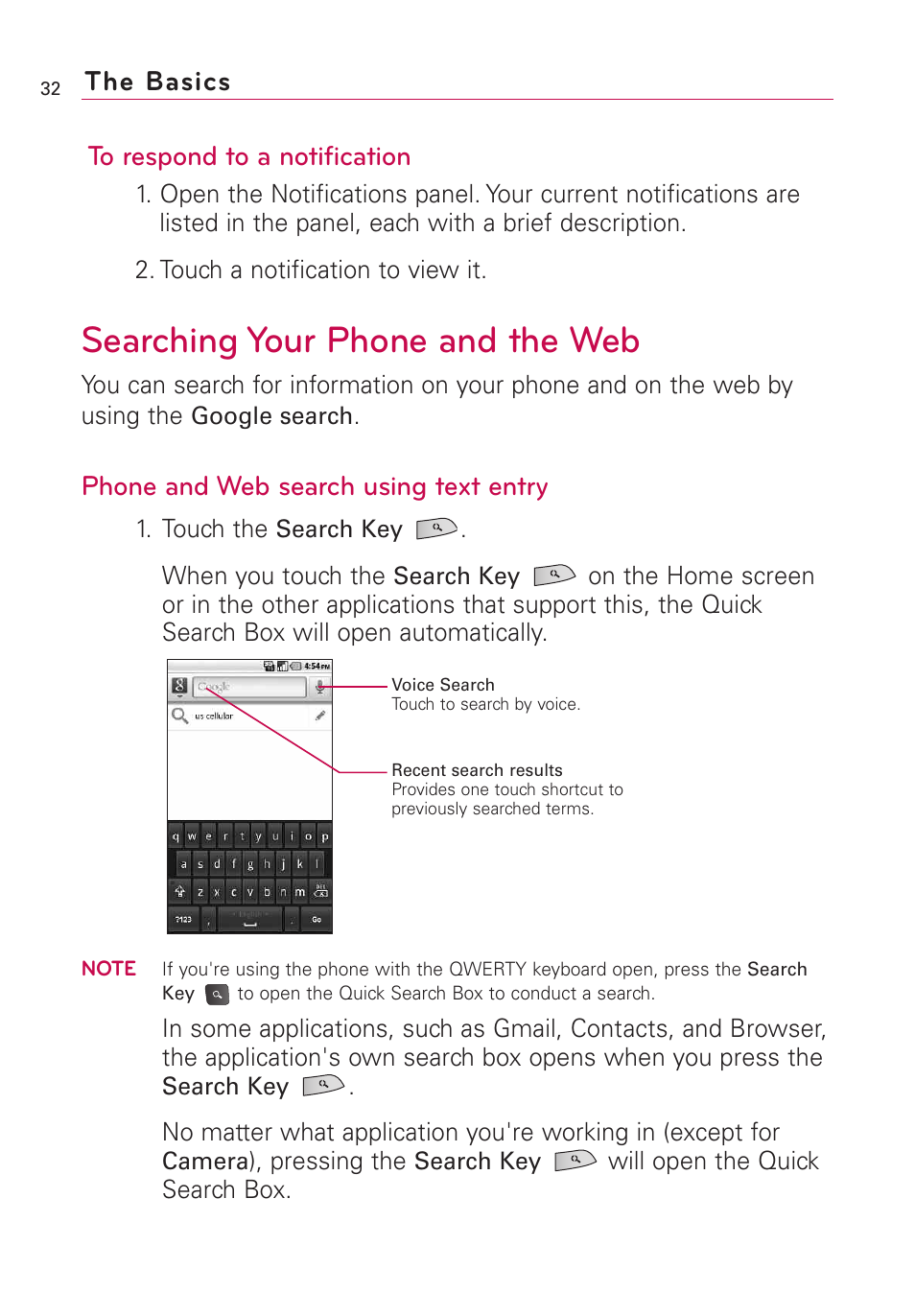 Searching your phone and the web, The basics to respond to a notification, Phone and web search using text entry | LG US760 User Manual | Page 34 / 312