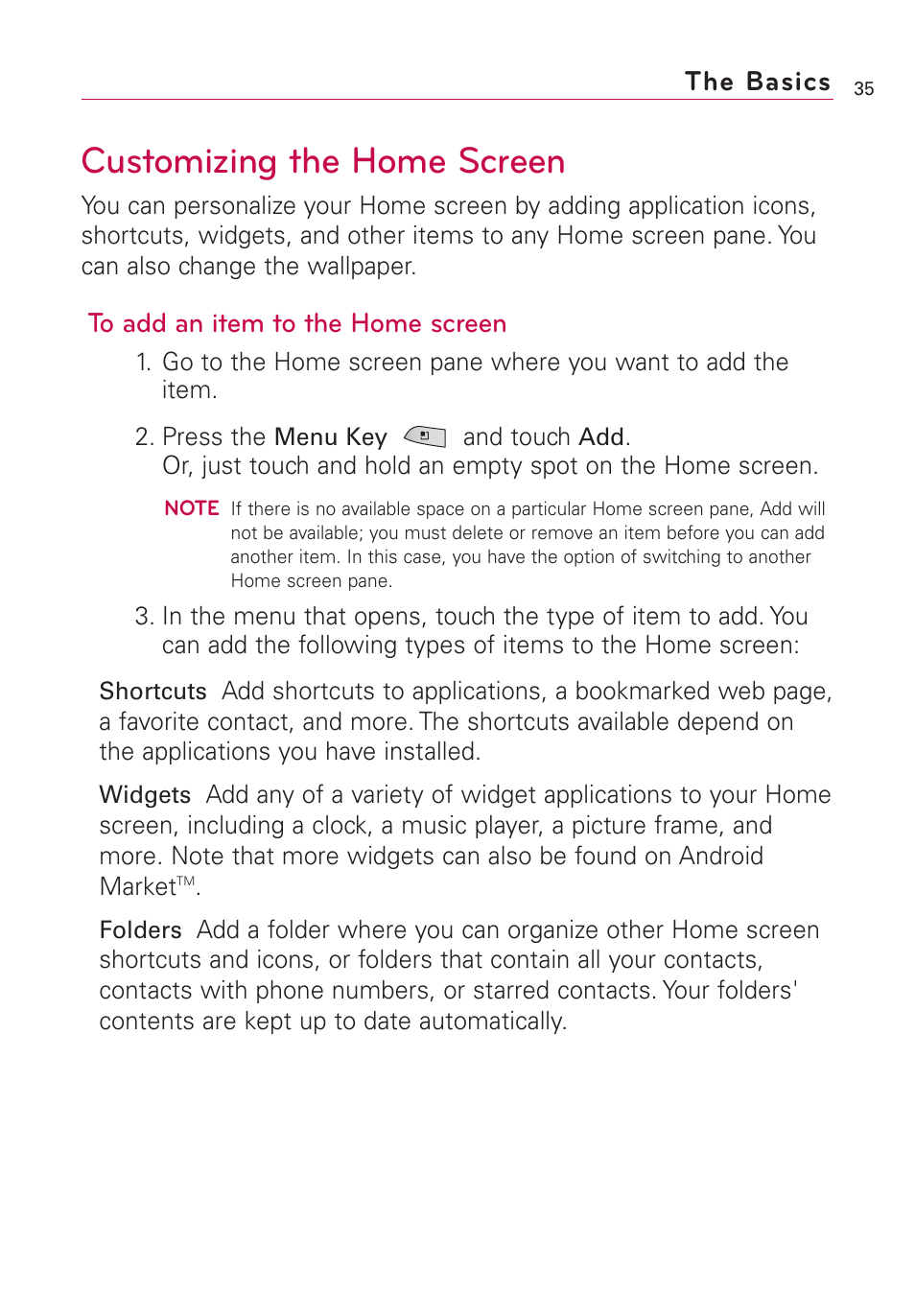 Customizing the home screen, The basics | LG US760 User Manual | Page 37 / 312