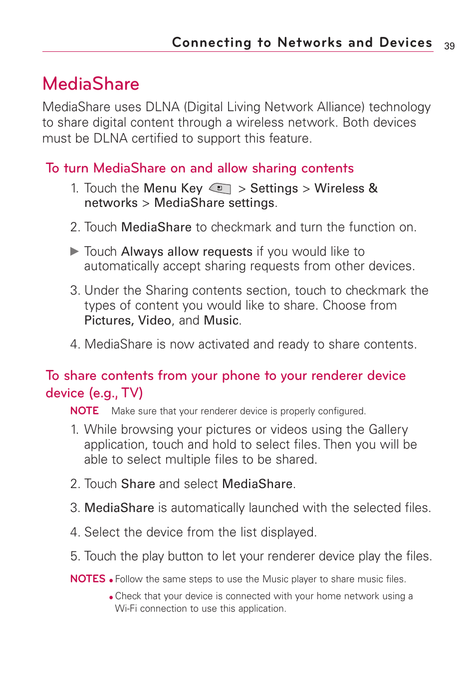 Mediashare, Connecting to networks and devices | LG US760 User Manual | Page 41 / 312