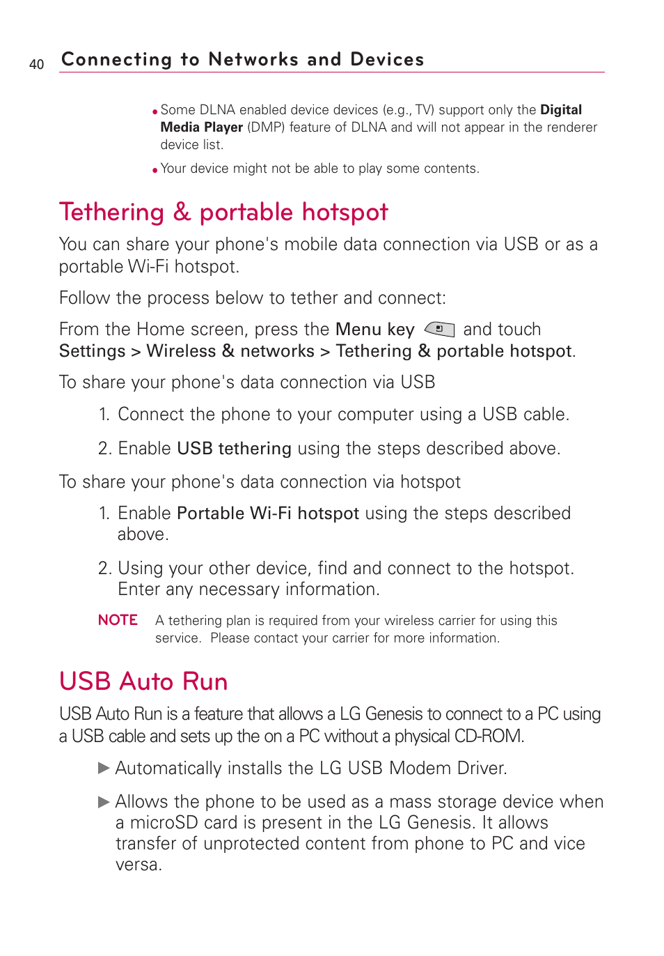 Tethering & portable hotspot, Usb auto run, Connecting to networks and devices | LG US760 User Manual | Page 42 / 312