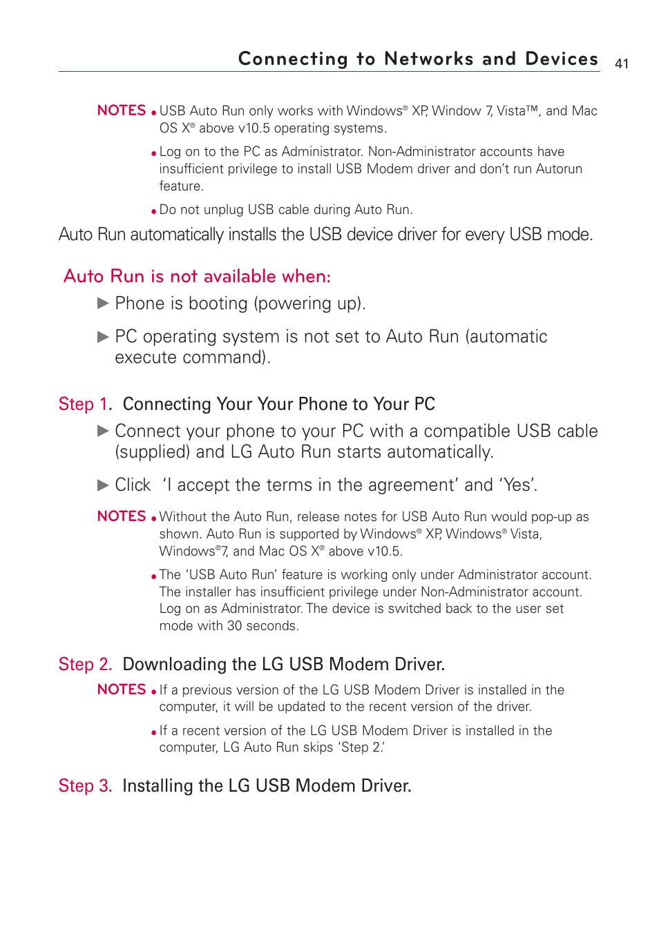 Connecting to networks and devices, Auto run is not available when, Phone is booting (powering up) | Step 2. downloading the lg usb modem driver, Step 3. installing the lg usb modem driver | LG US760 User Manual | Page 43 / 312