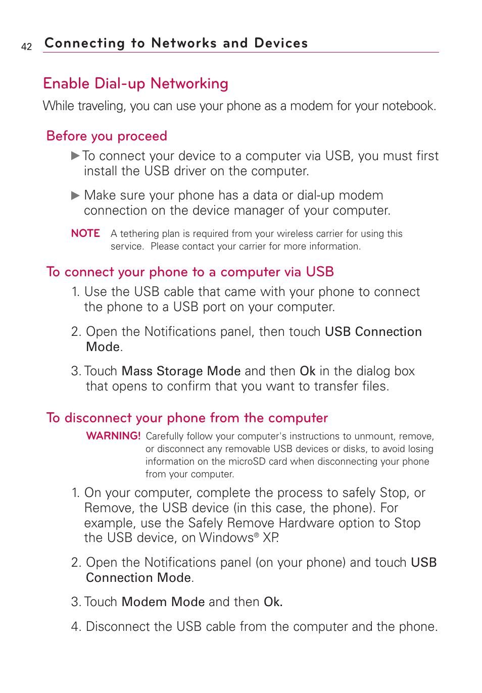 Enable dial-up networking, Connecting to networks and devices, Before you proceed | LG US760 User Manual | Page 44 / 312