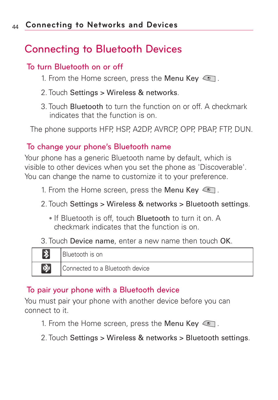 Connecting to bluetooth devices | LG US760 User Manual | Page 46 / 312