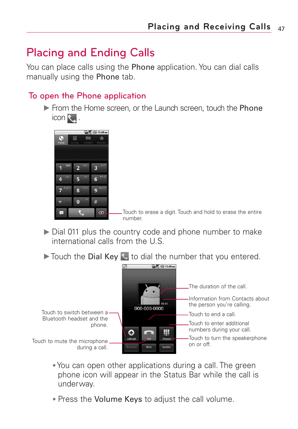 Placing and receiving calls, Placing and ending calls | LG US760 User Manual | Page 49 / 312