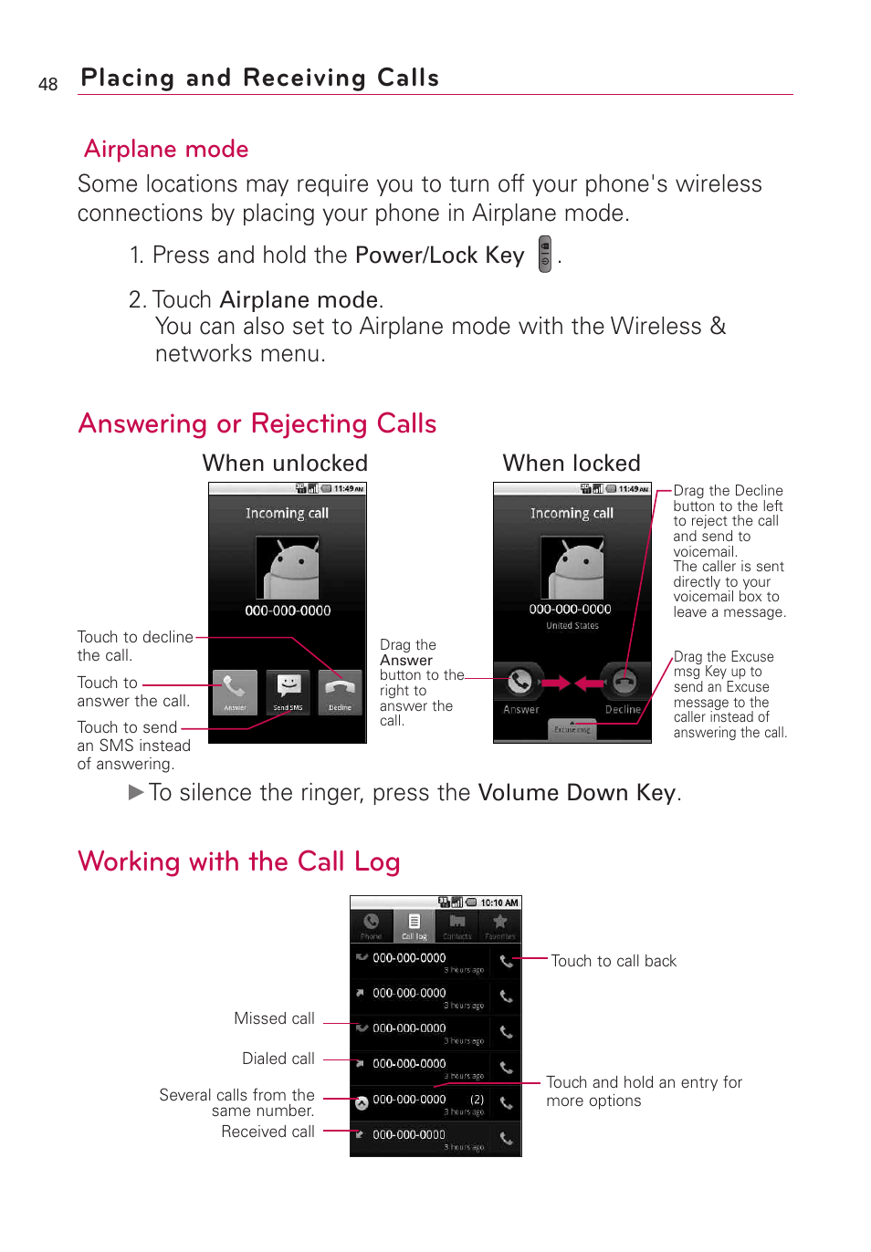 Answering or rejecting calls, Working with the call log, Airplane mode | Placing and receiving calls | LG US760 User Manual | Page 50 / 312