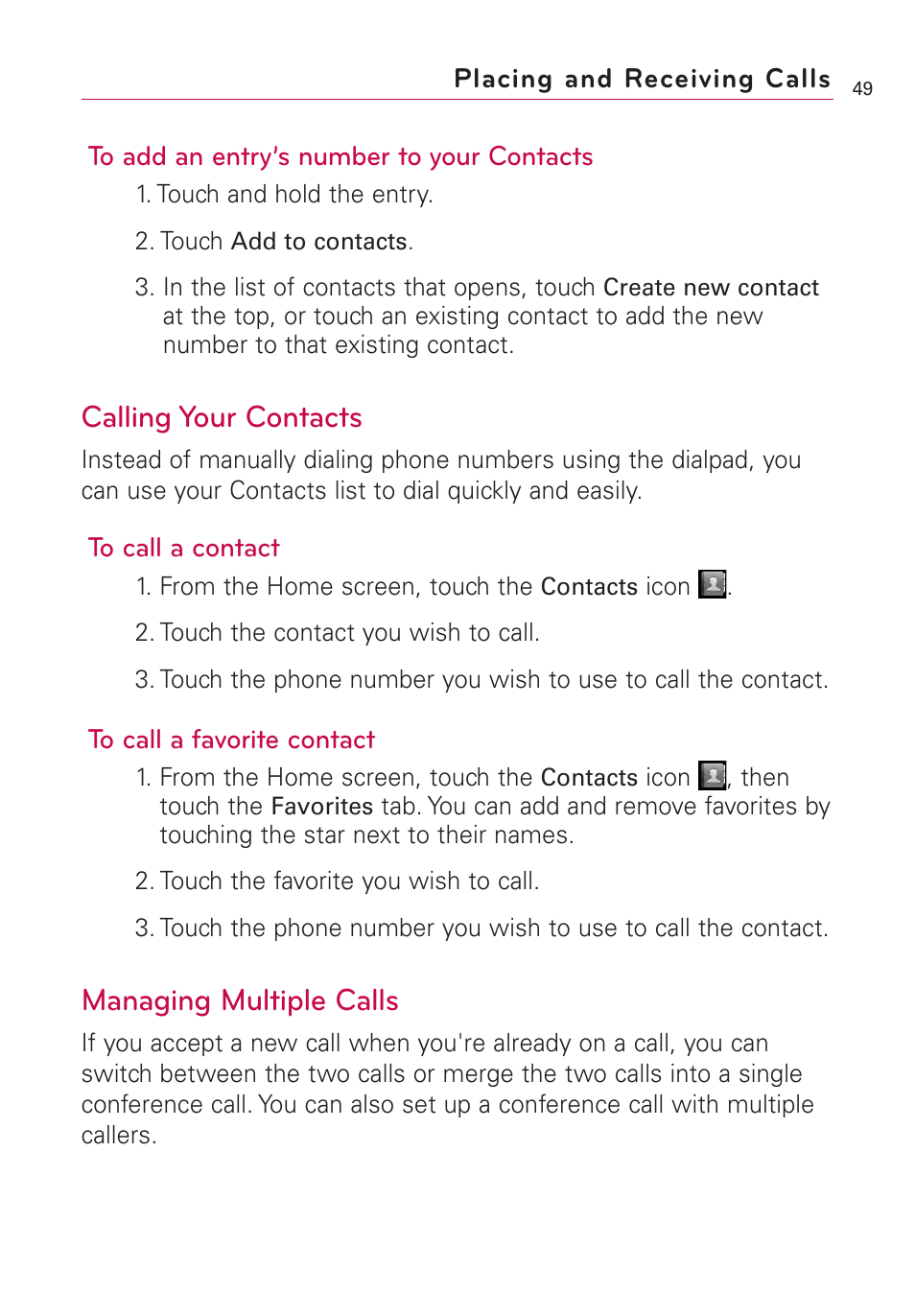 Calling your contacts, Managing multiple calls | LG US760 User Manual | Page 51 / 312