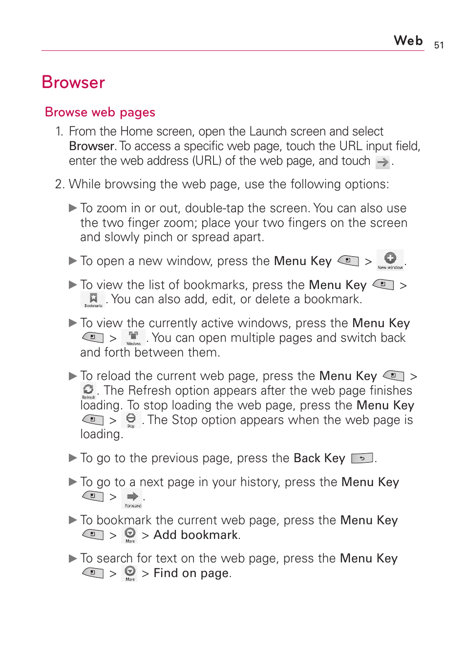 Browser, Browse web pages | LG US760 User Manual | Page 53 / 312