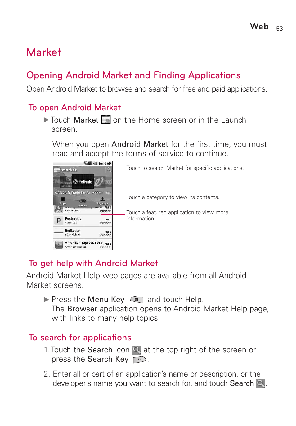 Market, Opening android market and finding applications | LG US760 User Manual | Page 55 / 312