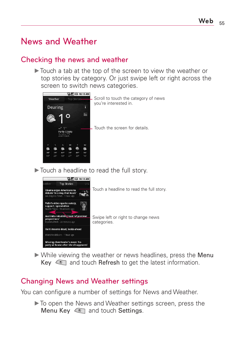 News and weather, Checking the news and weather, Changing news and weather settings | LG US760 User Manual | Page 57 / 312