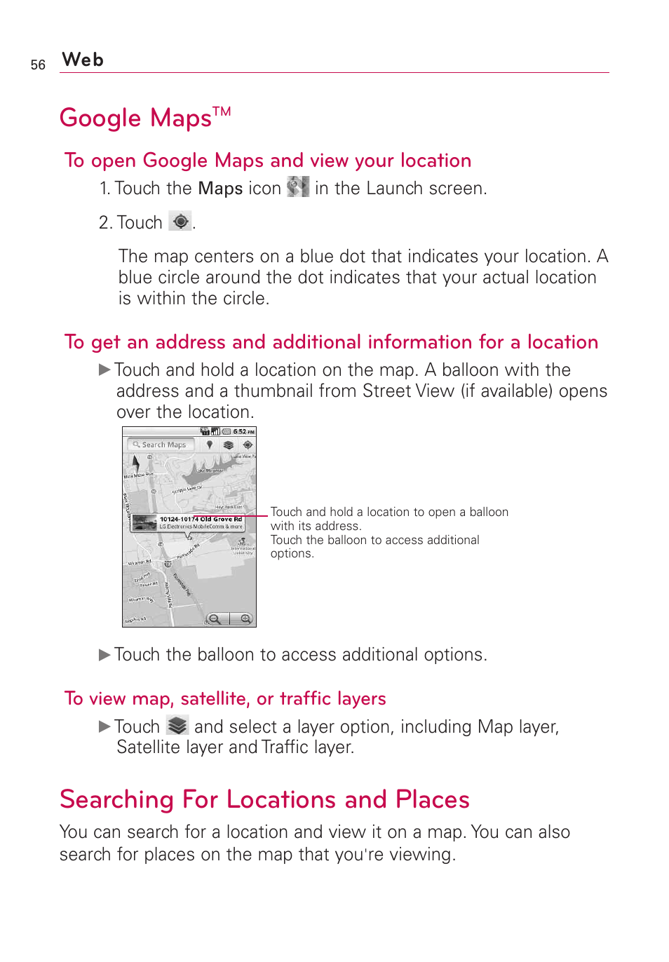 Google maps, Searching for locations and places | LG US760 User Manual | Page 58 / 312