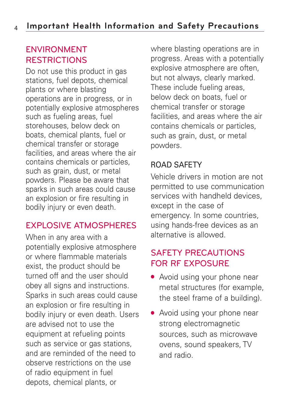 Environment restrictions, Explosive atmospheres, Safety precautions for rf exposure | LG US760 User Manual | Page 6 / 312