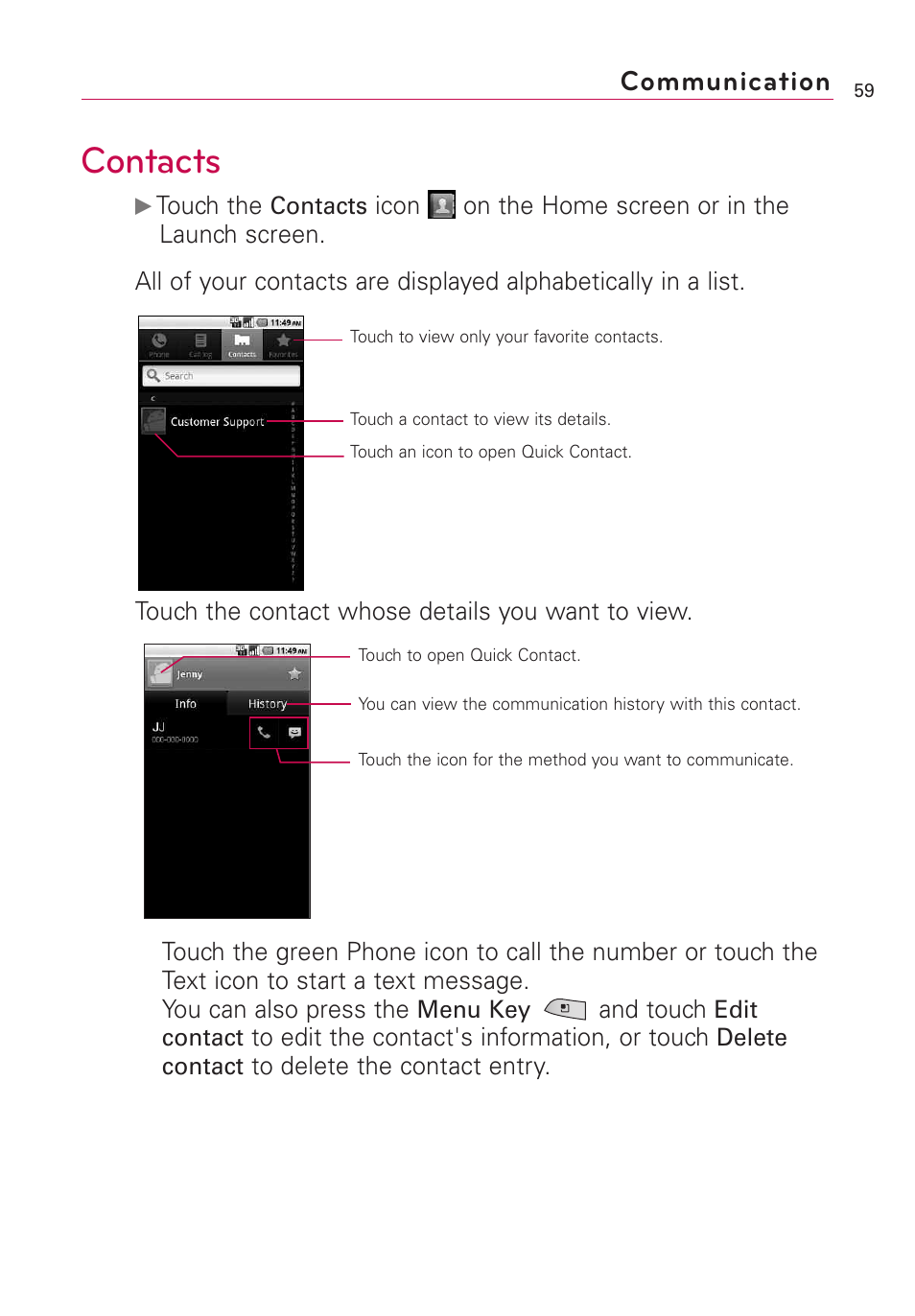 Communication, Contacts | LG US760 User Manual | Page 61 / 312