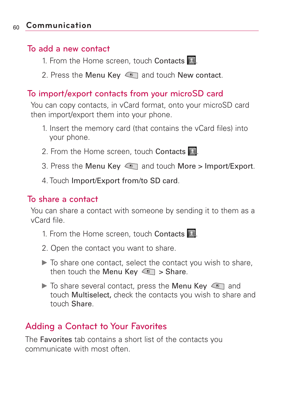 Adding a contact to your favorites | LG US760 User Manual | Page 62 / 312