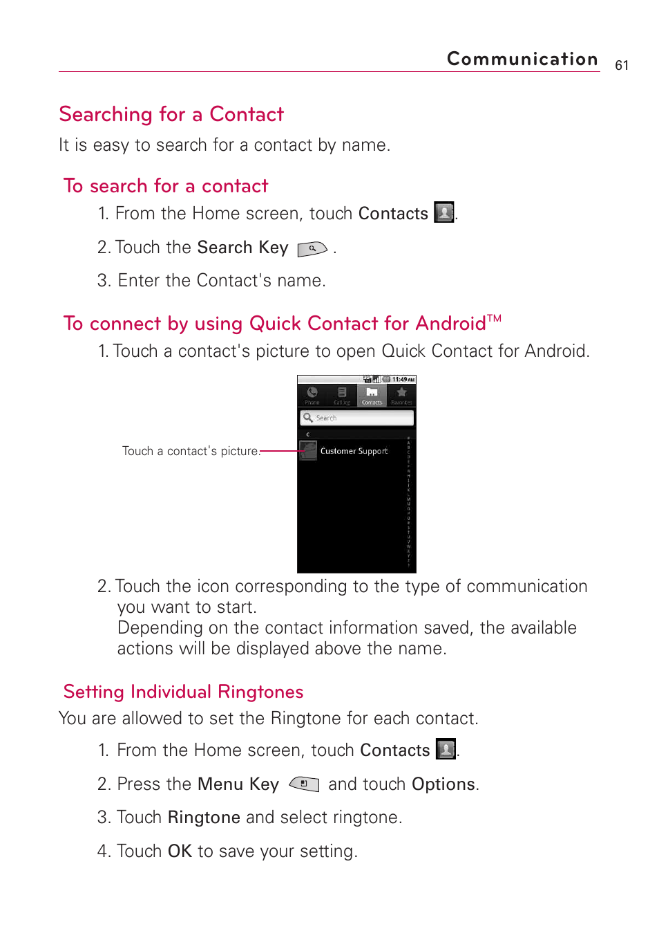 Searching for a contact, Communication, Setting individual ringtones | LG US760 User Manual | Page 63 / 312