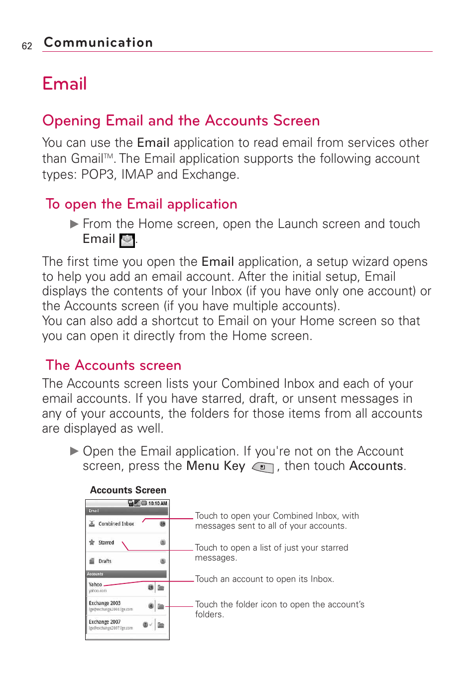 Email, Opening email and the accounts screen, The accounts screen | Communication | LG US760 User Manual | Page 64 / 312