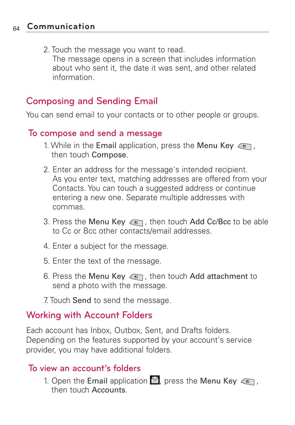 Composing and sending email, Working with account folders | LG US760 User Manual | Page 66 / 312