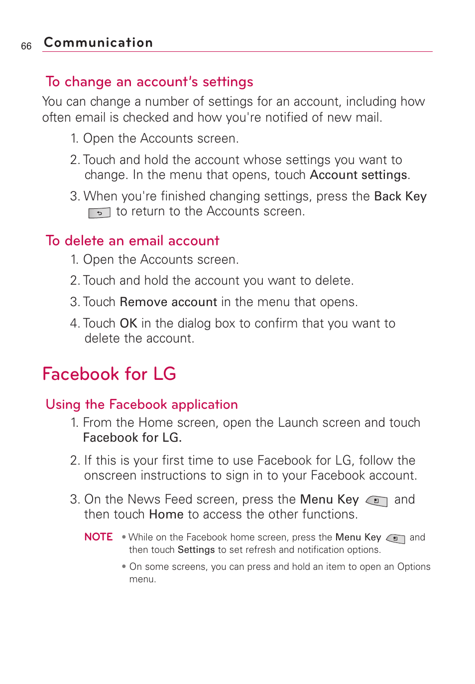 Facebook for lg, Communication, Using the facebook application | LG US760 User Manual | Page 68 / 312