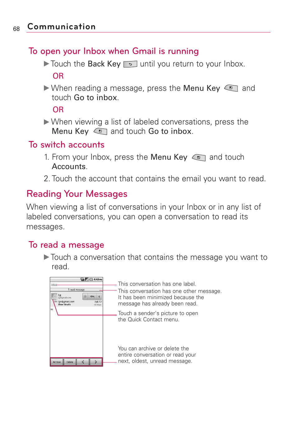 Reading your messages, Communication | LG US760 User Manual | Page 70 / 312