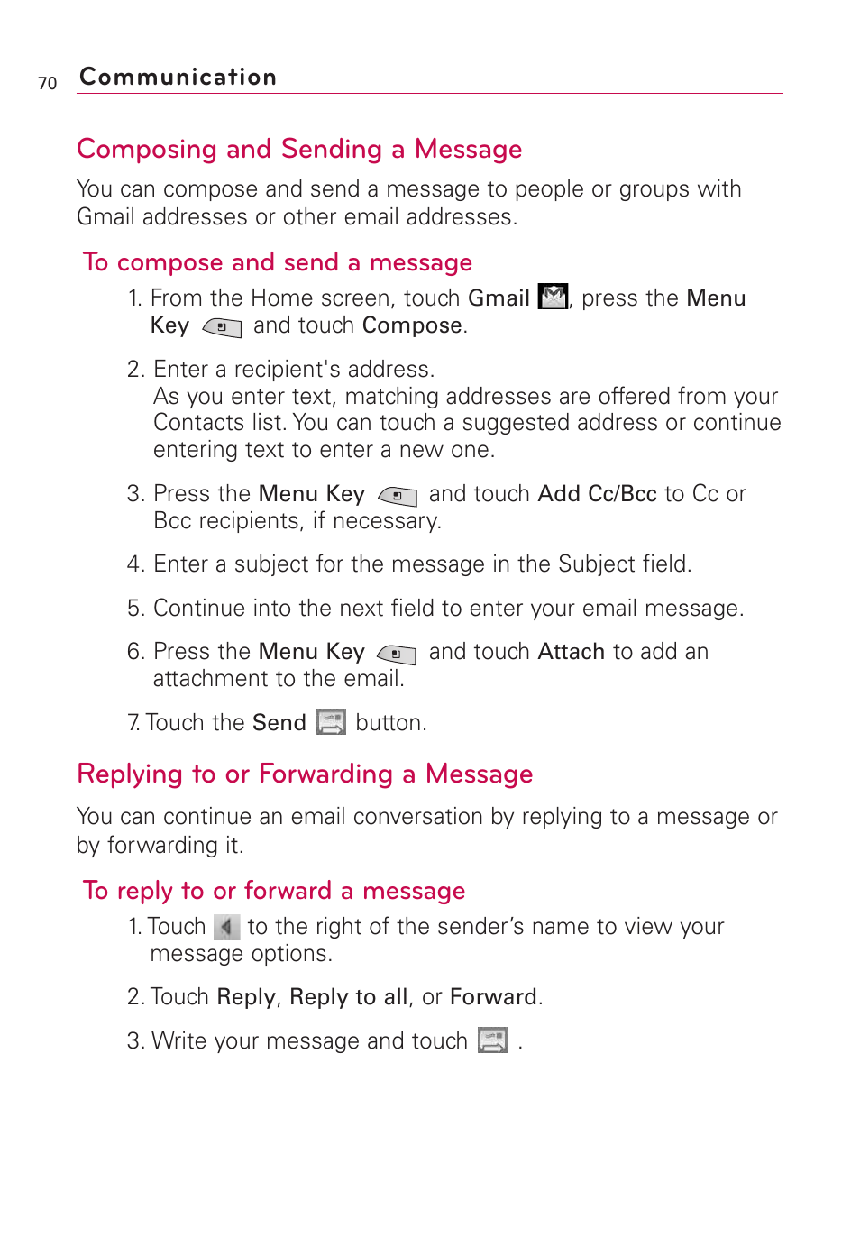 Composing and sending a message, Replying to or forwarding a message | LG US760 User Manual | Page 72 / 312