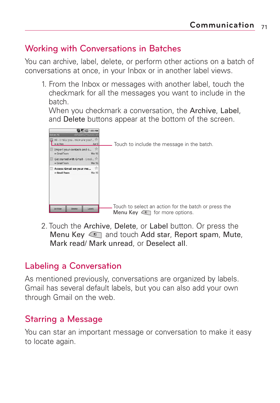 Working with conversations in batches, Labeling a conversation, Starring a message | Communication | LG US760 User Manual | Page 73 / 312